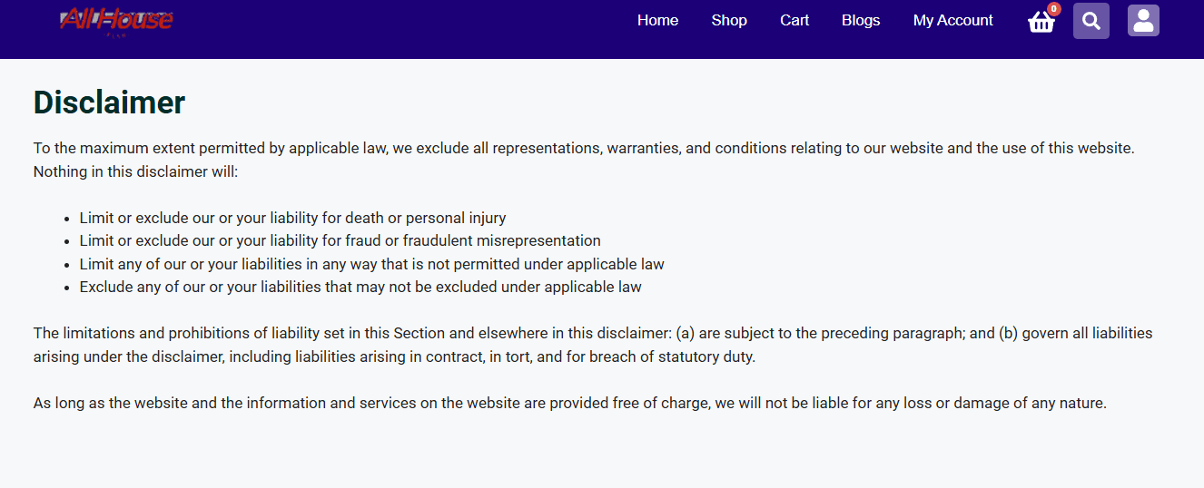 Disclaimer page showing legal notice and liability information for website users